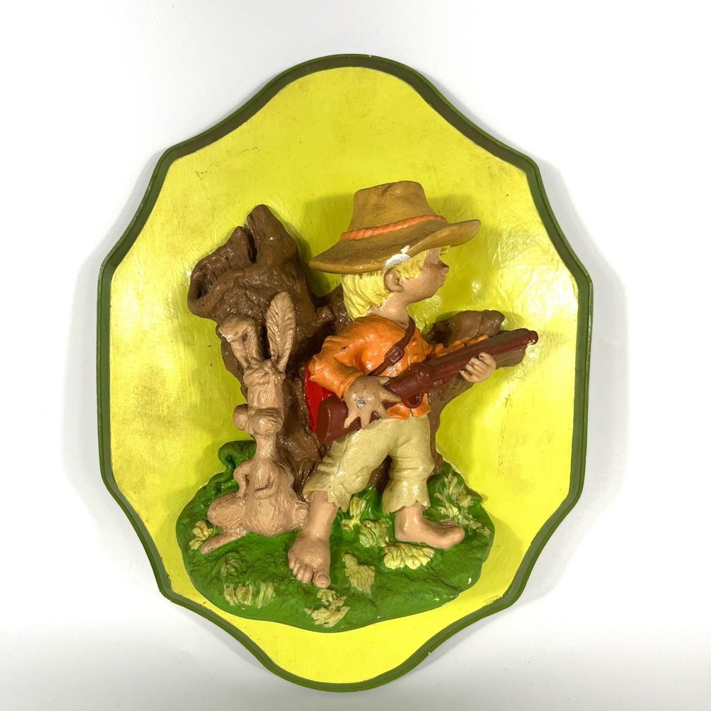 Vtg 60s 70s Naturecraft Chalkware Hunting Boy w Rabbit Wall Decor MCM Farmhouse
